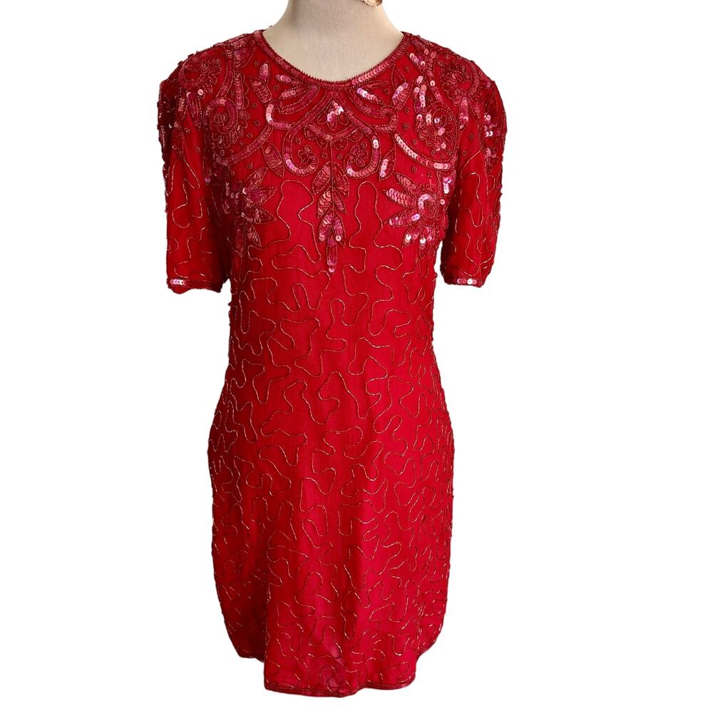 Vintage Red Silk Sequined Beaded Keyhole Dress Short Sleeve Glam Cocktail Retro